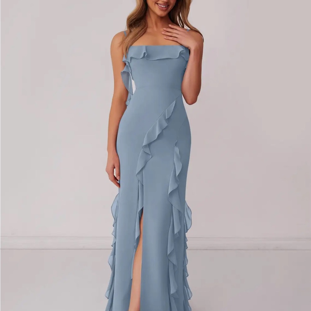 NWT Barbie x Azazie 1001 Dusty Blue Sheath Bow Chiffon Dress